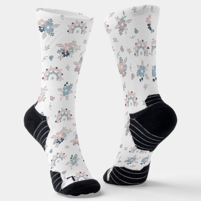 Seamless Pattern Flower and Boho Rainbow Socks (Angled)