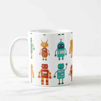 Seamless pattern from colourful retro robots in a  coffee mug