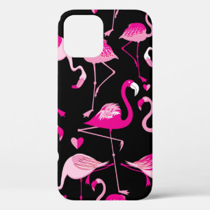 Seamless pattern from pink flamingos on a dark bac iPhone 12 case