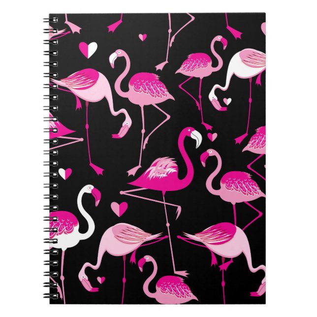 Seamless pattern from pink flamingos on a dark bac notebook (Front)