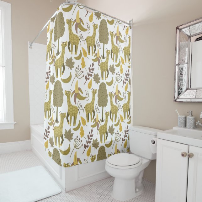 Seamless pattern Giraffe yellow white background Shower Curtain (In Situ)
