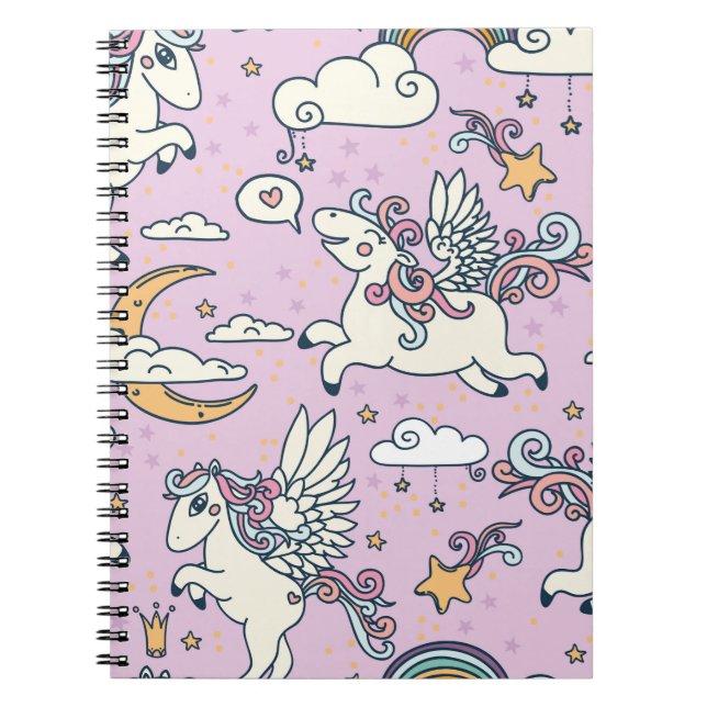 Seamless pattern, good night, cute cartoon pegasus notebook (Front)