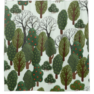 Seamless pattern, green forest with different tree shower curtain