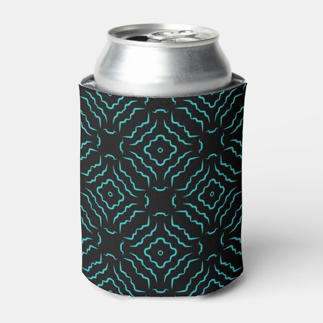 Seamless Pattern In Bright Turquoise On Black Can Cooler (Can Front)