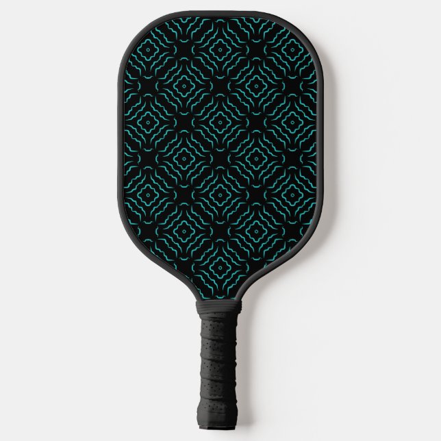 Seamless Pattern In Bright Turquoise On Black Pickleball Paddle (Back)