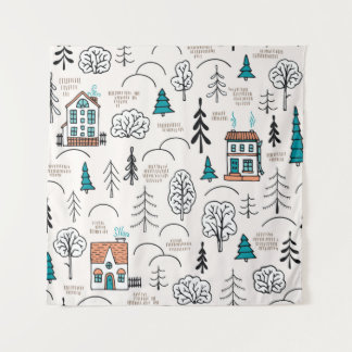 Seamless pattern in Scandinavian style. Small hous Tapestry