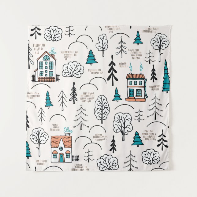 Seamless pattern in Scandinavian style. Small hous Tapestry (Front)