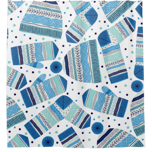 Seamless pattern. Knitted mittens, caps and wool s Shower Curtain (Front)