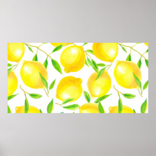 Seamless pattern made of watercolor lemons and lea poster