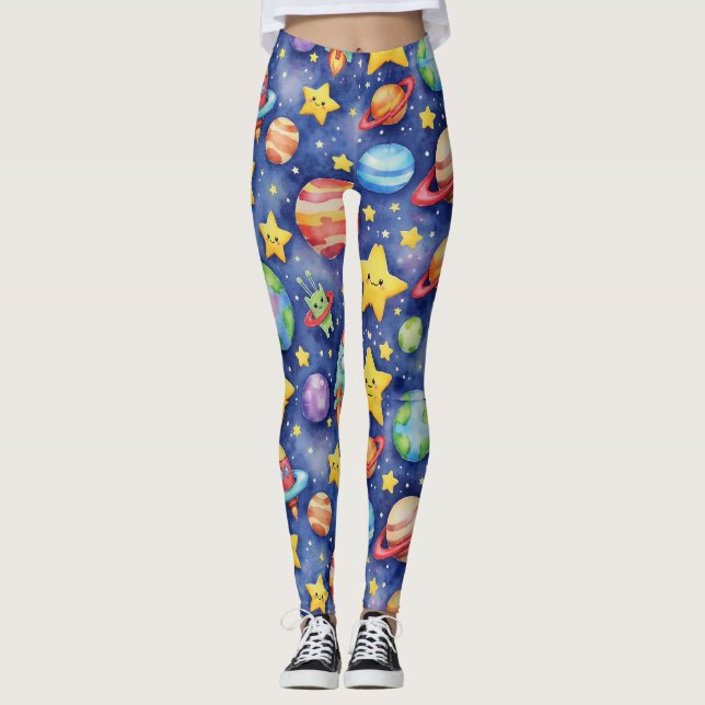 Seamless Pattern of a Cartoon Galaxy Leggings (Front)