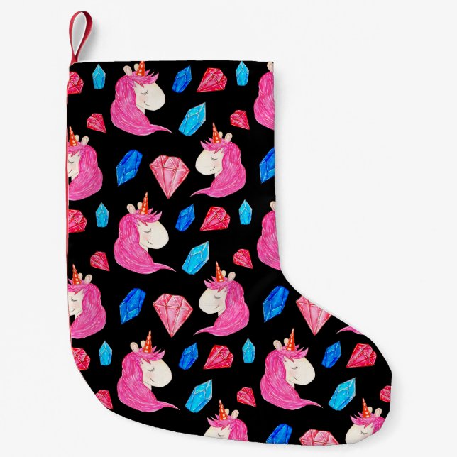 Seamless pattern of a magic unicorn with multicolo small christmas stocking (Front)