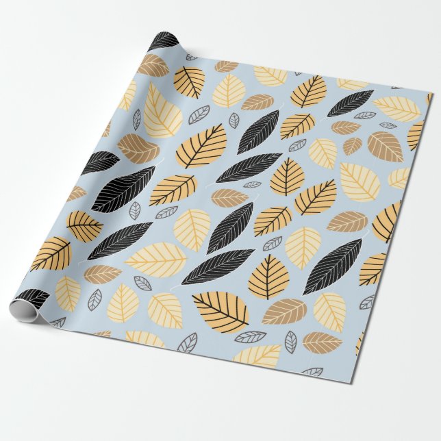 Seamless pattern of autumn leaves on a blue backgr wrapping paper (Unrolled)