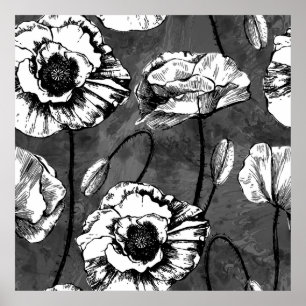 Seamless pattern of black and white poppies. Illus Poster