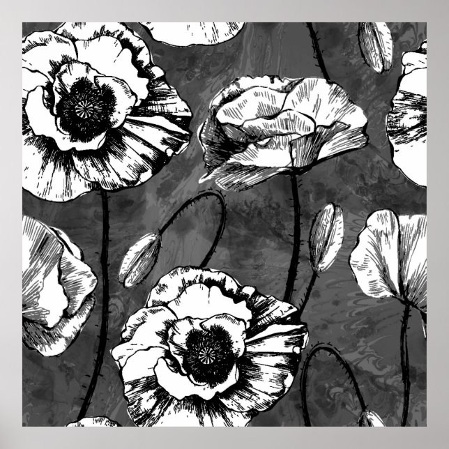 Seamless pattern of black and white poppies. Illus Poster (Front)