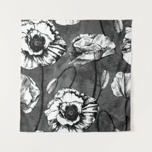 Seamless pattern of black and white poppies. Illus Tapestry
