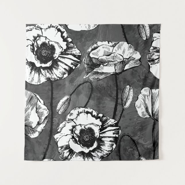 Seamless pattern of black and white poppies. Illus Tapestry (Front)
