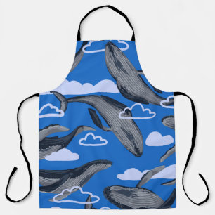 Seamless pattern of blue whales. Hand drawn vintag Apron