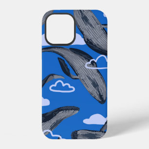 Seamless pattern of blue whales. Hand drawn vintag iPhone 12 Case