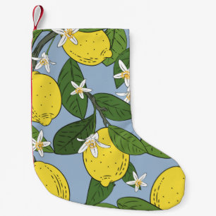 Seamless pattern of branches with lemons, green l small christmas stocking