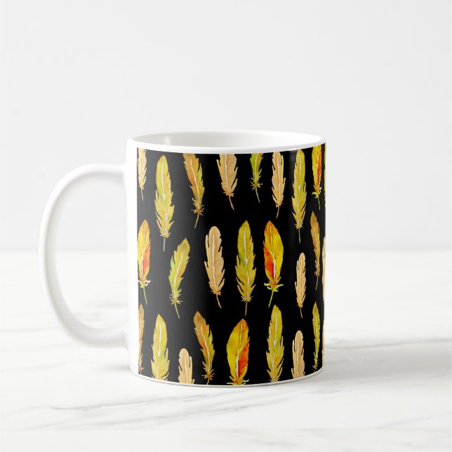 Seamless pattern of bright feathers painted in wat coffee mug (Left)