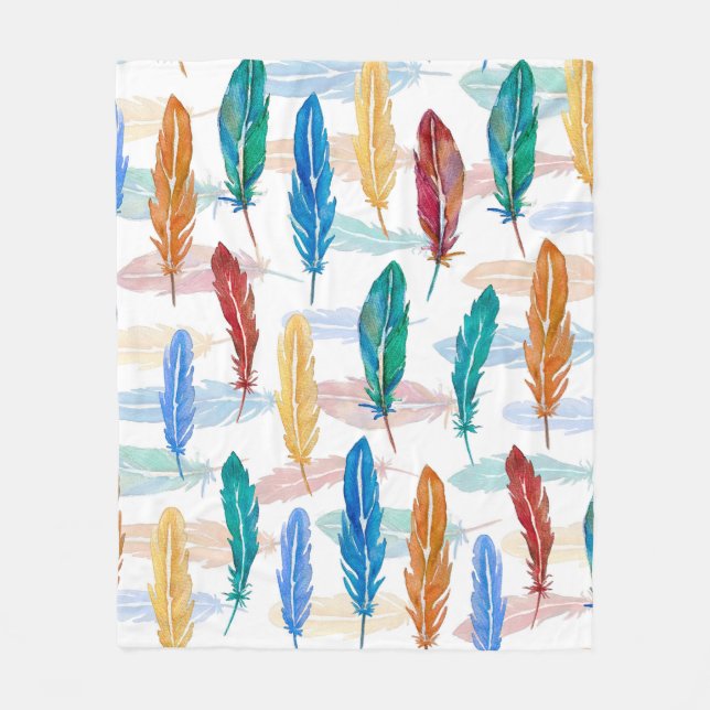 Seamless pattern of bright feathers painted in wat fleece blanket (Front)