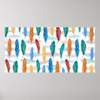 Seamless pattern of bright feathers painted in wat