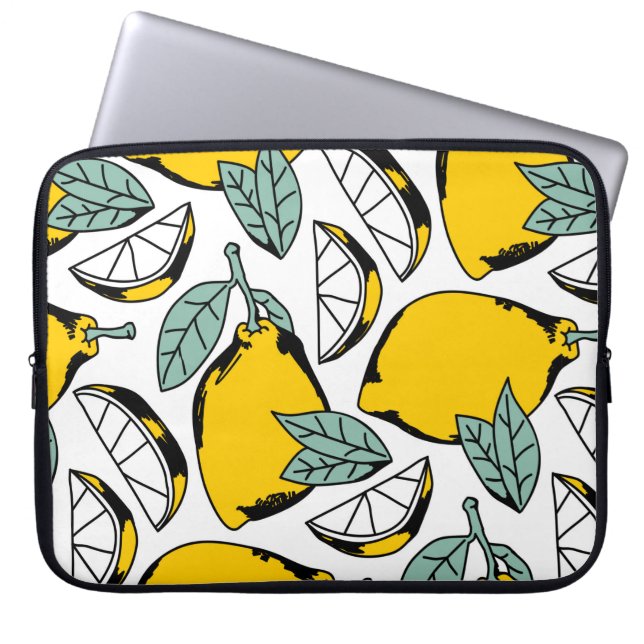 Seamless pattern of bright hand drawn lemons,halfs laptop sleeve (Front)
