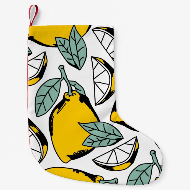 Seamless pattern of bright hand drawn lemons,halfs small christmas stocking (Front)