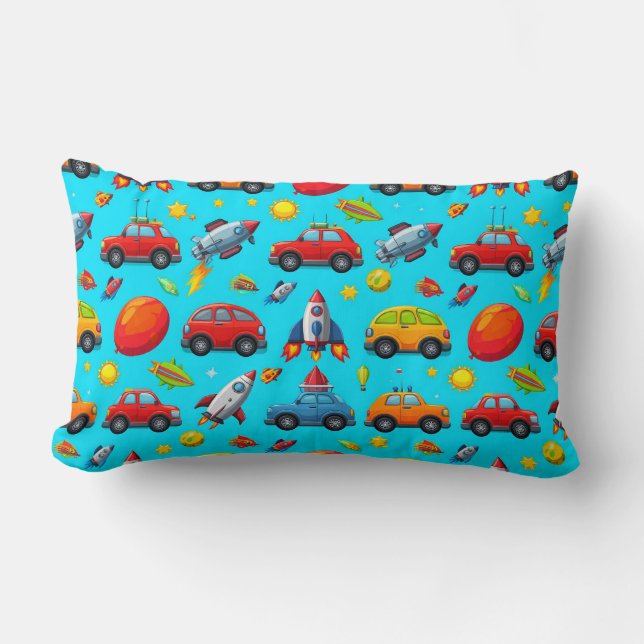 Seamless Pattern of Cars, Rockets, and Stars Lumbar Cushion (Front)