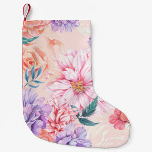 Seamless pattern of chrysanthemum, rose, peony and small christmas stocking