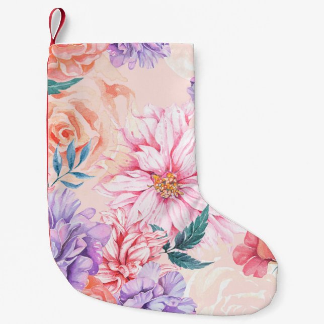 Seamless pattern of chrysanthemum, rose, peony and small christmas stocking (Front)