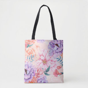 Seamless pattern of chrysanthemum, rose, peony and tote bag