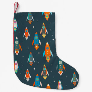 Seamless pattern of colorful rockets in outer spac small christmas stocking