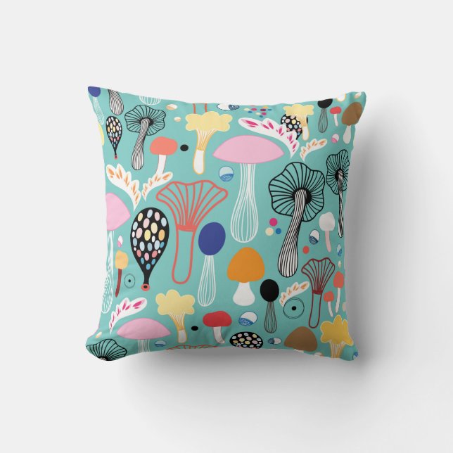 seamless pattern of colourful mushrooms on a green cushion (Front)