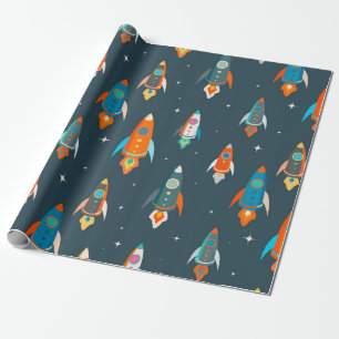 Seamless pattern of colourful rockets in outer spa wrapping paper