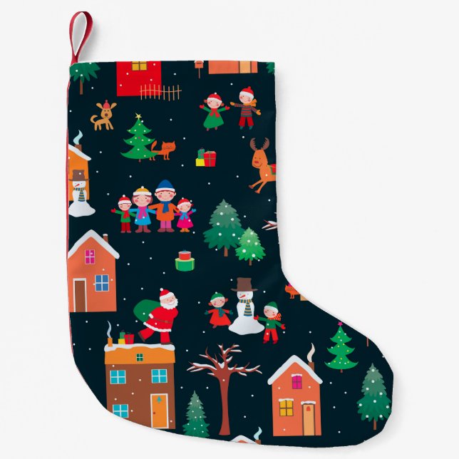 Seamless pattern of happy Christmastime in a villa Small Christmas Stocking (Front)