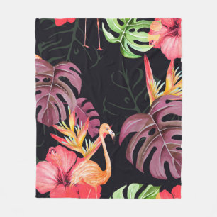 Seamless pattern of hibiscus flower, flamingos and fleece blanket