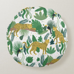 seamless pattern of leopards in jungle. Summer tro Round Cushion