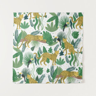 seamless pattern of leopards in jungle. Summer tro Tapestry