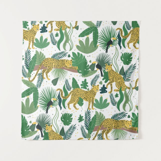 seamless pattern of leopards in jungle. Summer tro Tapestry (Front)