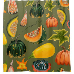 Seamless pattern of pumpkins and leaves on a green shower curtain
