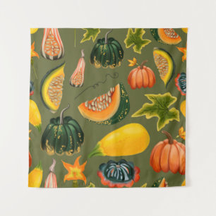Seamless pattern of pumpkins and leaves on a green tapestry