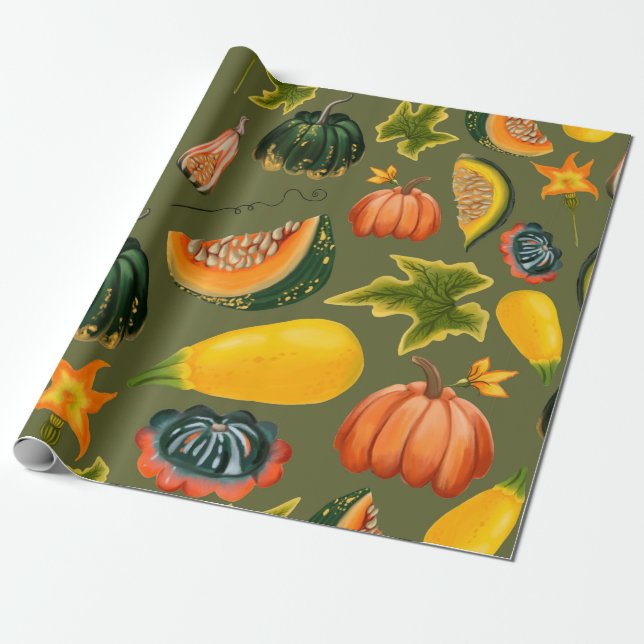 Seamless pattern of pumpkins and leaves on a green wrapping paper (Unrolled)