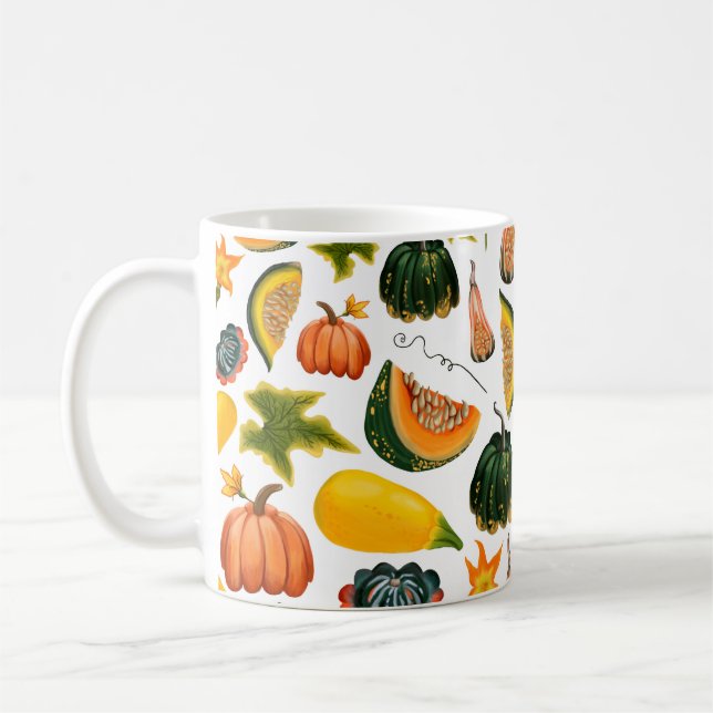 Seamless pattern of pumpkins and leaves on an isol coffee mug (Left)