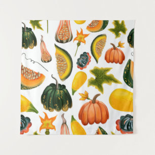 Seamless pattern of pumpkins and leaves on an isol tapestry