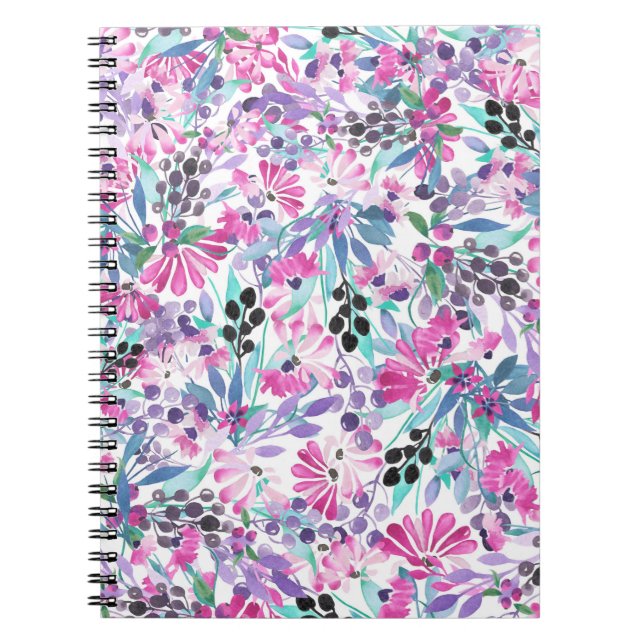 Seamless pattern of purple flowers and berries,blu notebook (Front)