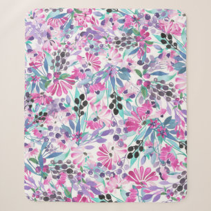 Seamless pattern of purple flowers and berries,blu sherpa blanket
