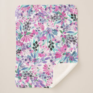 Seamless pattern of purple flowers and berries,blu sherpa blanket