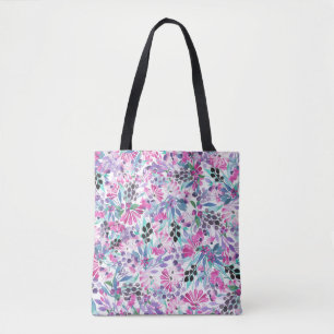 Seamless pattern of purple flowers and berries,blu tote bag