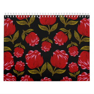 Seamless pattern of red roses on black background calendar
